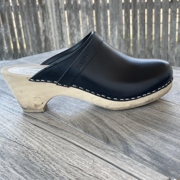 Maguba Sweden Clogs Women 9.5 EU 40 Black Leather Wooden Heel Platform Slip On - Picture 14 of 15